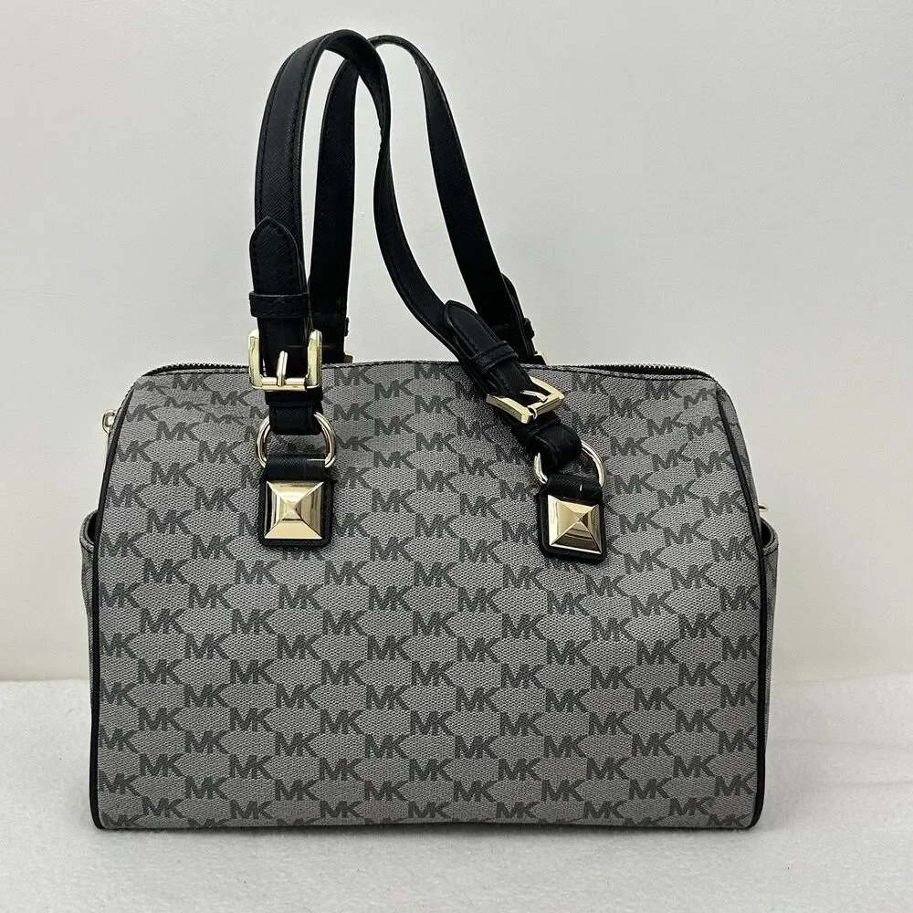 Michael Kors Grayson Large Satchel MK Signature Gray Black with Gold Hardware